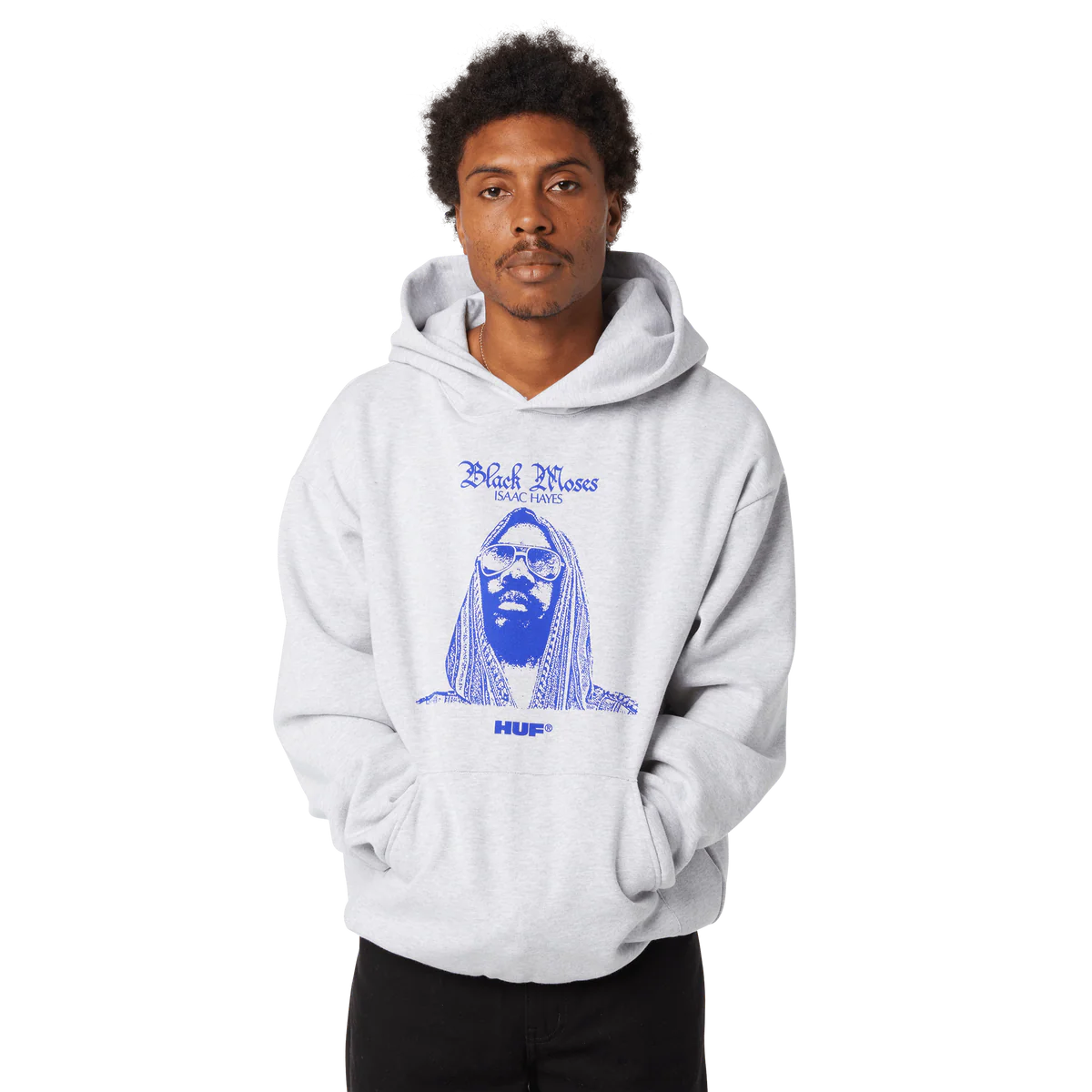 HUF X ISAAC HAYES BLACK MOSES HEAVYWEIGHT PULLOVER HOODIE